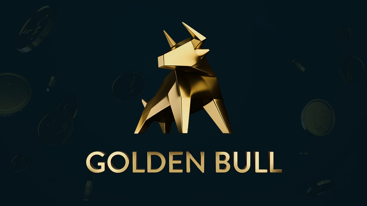 En stiliserad gyllene tjur med texten "GOLDEN BULL" i guld mot en mörk bakgrund med svävande mynt.