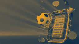 En fotboll svävar mot en mobilskärm som visar en digital fotbollsplan, omgiven av medaljer, pokaler och konfetti.