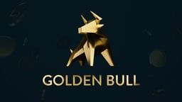 En stiliserad gyllene tjur med texten "GOLDEN BULL" i guld mot en mörk bakgrund med svävande mynt.